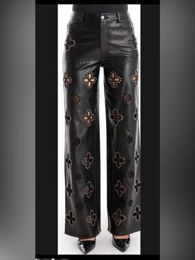 Noli Black Wide-Leg Leather Pants with Floral Cutouts and Studs